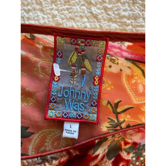 JOHNNY WAS Burnout Velvet SILK BLEND  Floral Boho Tunic Top Red Pink Roses L Lon - Picture 6 of 14